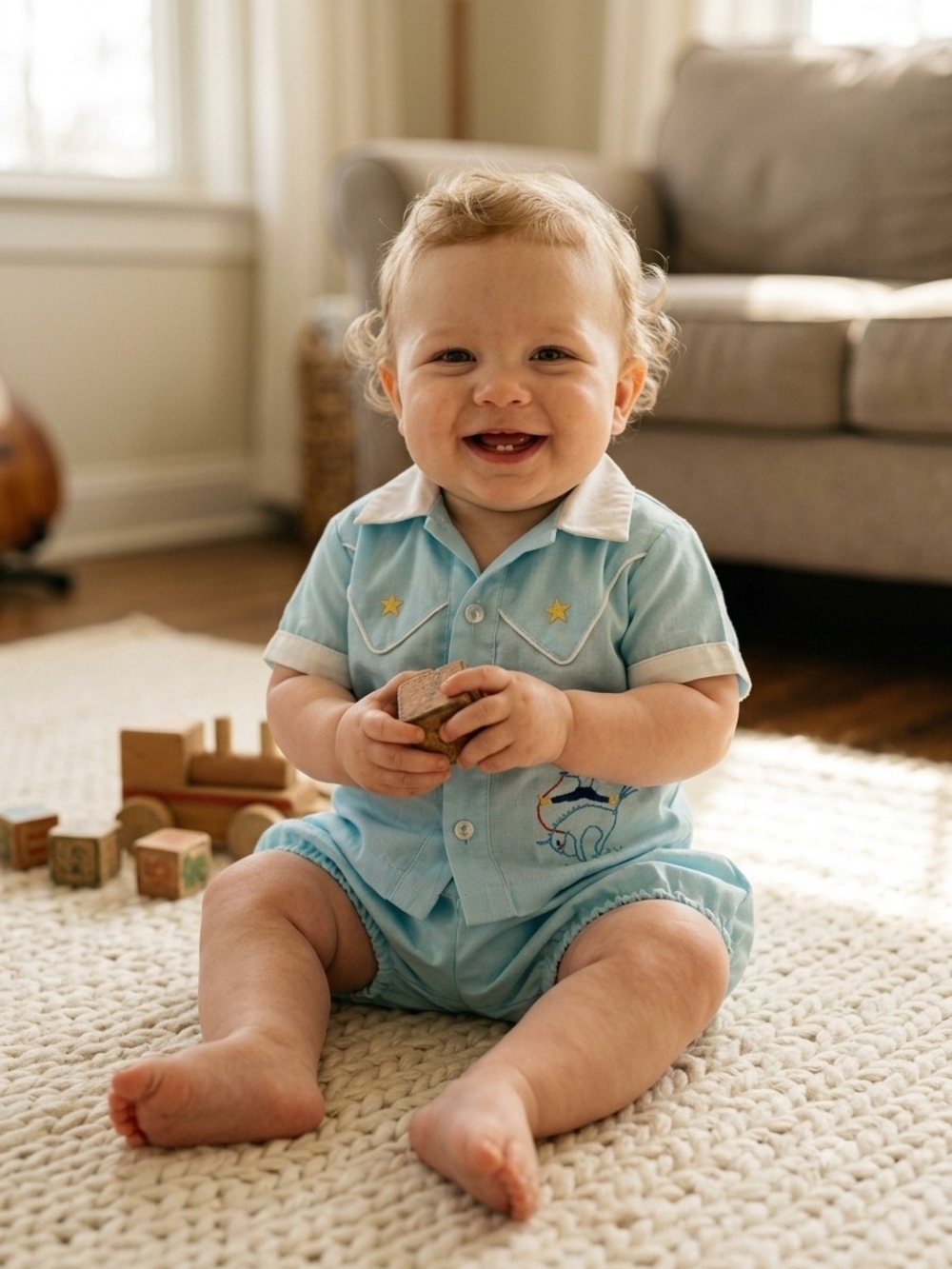 Blue/White 2pc Embroidered Cowboy Set Button Shirt & Shorts 3-6 Months
